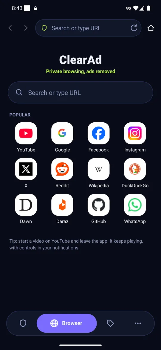 ClearAd built-in browser home page with search and popular sites