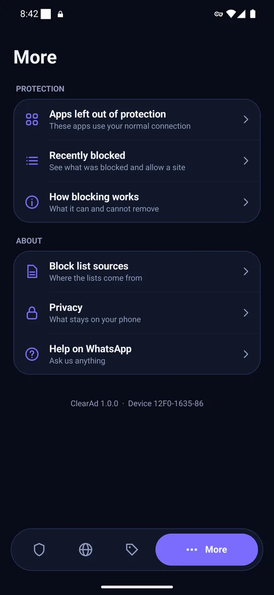 ClearAd More screen: apps left out of protection, recently blocked, how blocking works, block list sources, privacy, help