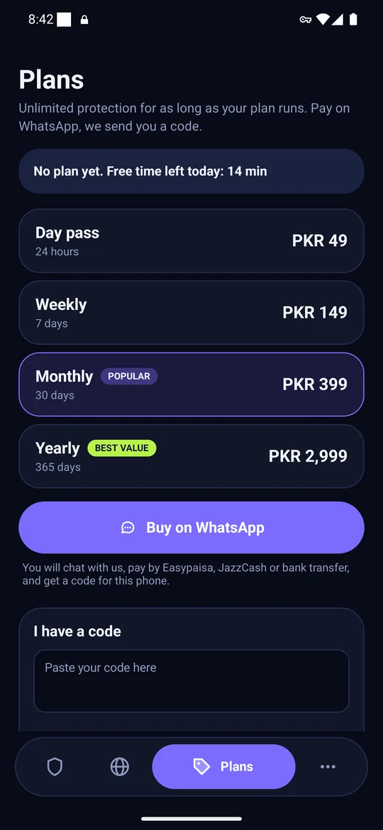 ClearAd plans: day pass PKR 49, weekly PKR 149, monthly PKR 399, yearly PKR 2,999, Buy on WhatsApp