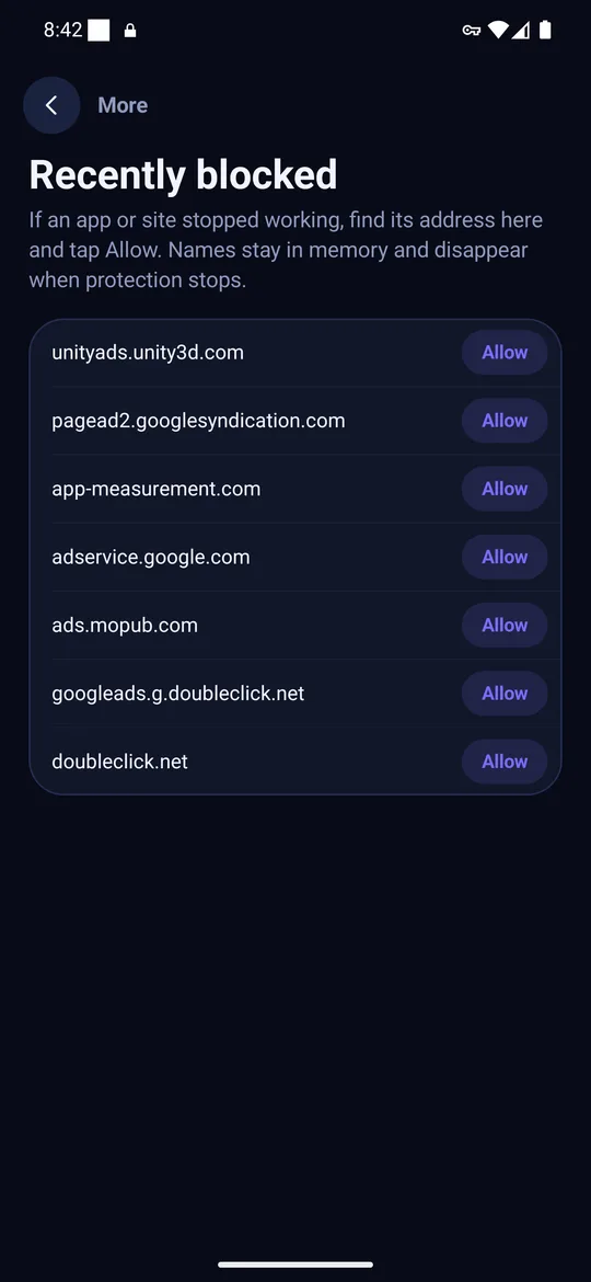 ClearAd Recently blocked list showing blocked ad domains with an Allow button for each